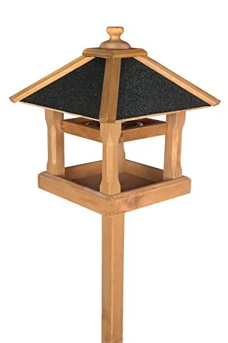 Edles Vogelhaus 130400 mit Ständer - Futterstationen für Wildvögel, aus hochwertigem Massivholz, 140 cm hoch mit Schindeldach und extra Futternapf für eine einfache Fütterung.