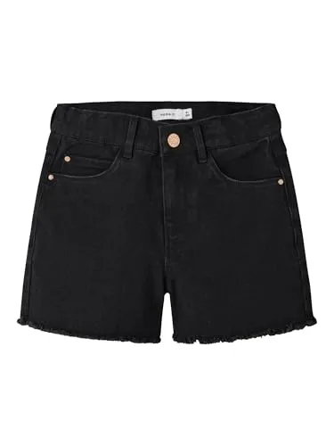 NAME IT Damen Nkfrose Hw Mom DNM 8222-au Noos Shorts - Wanderhosen aus Black Denim mit verstellbarem Bund und offenen Säumen, ideal für aktive Frauen, die Komfort und Stil schätzen.