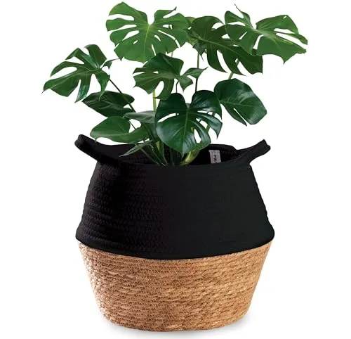 Praknu Deko Blumentopf Übertopf - Seegras Geflochten mit Baumwolle 25cm - Pflanzkorb Boho Schwarz