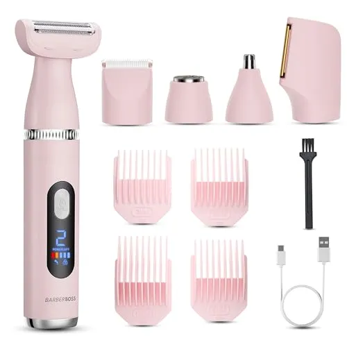 BarberBoss 5-in-1 Elektrorasierer Damen, Damenrasierer mit Bikini Trimmer, Gesichtsrasierer, Nasen- & Ohrentrimmer, Dual-Speed mit LED-Anzeige, 4 Führungskämme (Rosa, Silber)
