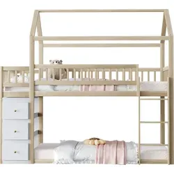 Etagenbett mit Stauraum und Regalen – Kinderbett 90x200 cm in Holzfarbe