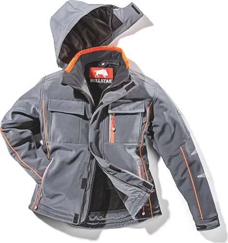 Bullstar Thermo-Softshelljacke ULTRA (Farbe grau, Größe XL, Funktionsjacke für jedes Wetter, mit Kaputze, Arbeitskleidung) 9342-0-400-XL