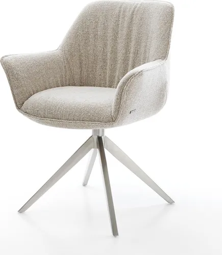 DELIFE Esszimmerstuhl Keila-Flex mit Armlehnen Kreuzgestell breit Edelstahl Webstoff Soft Beige 360° drehbar Wippfunktion