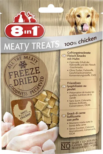 8in1 Meaty Treats, gefriergetrocknete Hunde Leckerlis aus Huhn, 100% Fleisch, getreidefrei und ohne Zucker , 50g (1er Pack)
