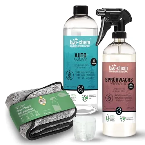 bio-chem Auto Außenpflege Set 3-teilig: Autoshampoo 750 ml Konzentrat pH-neutral + Sprühwachs Versiegelung 750 ml Spray + Premium Mikrofasertuch I Professionelle Autopflege für Lack & Glanzfolien