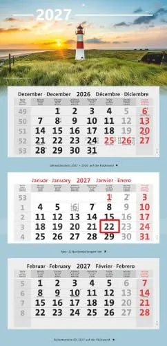 Bildkalender 3-Monatskalender 2027 Kombi Bürokalender (Leuchtturm Sylt) | Wandkalender mit Panorama Bild