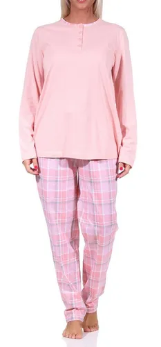 Normann Pyjama Damen Pyjama langarm Schlafanzug mit Karohose und Knopfleiste am Hals