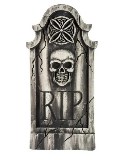 Horror-Shop Gothic Grabstein mit Totenkopf & Rosette - Eindrucksvoller Gothic Grabstein (91 cm) mit grinsendem Totenschädel und kunstvollen Details. Perfekt für gruselige Halloween-Dekorationen, sowohl drinnen als auch draußen. Leicht und robust aus Polyfoam.