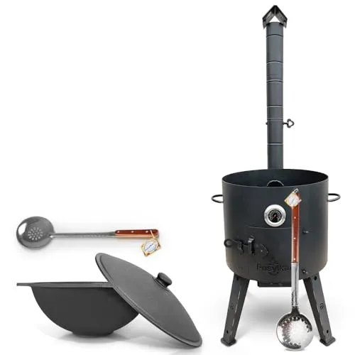 Utschak Feuerofen Ø 44 cm 2 mm Stahl mit Thermometer Usbekische Kazan 16 L flacher Boden Schaumlöffel 48 cm Schaumlöffel 64 cm Kazan Учаг Uchag казан Gusseisen Oven учак (Set 3)