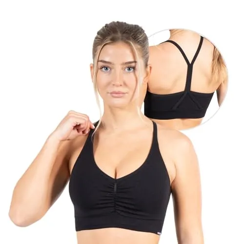 SMILODOX Sport BH Damen Solid Scrunch, Ohne Bügel, Shaped Fit Yoga Bra, V-Ausschnitt, Herausnehmbare Cups, Blickdichter Push Up BH, Verstellbare Träger, Ideal für Gym, Fitness, Laufen & Training