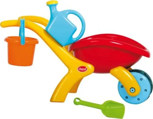 Design Schubkarren-Set 4 tlg - Gartengeräte für Kinder: Schubkarre mit Hartgummi-Reifen und Fußstapfenprofil, inklusive Eimer, Schaufel und Gießkanne für kreatives Spielen im Garten.