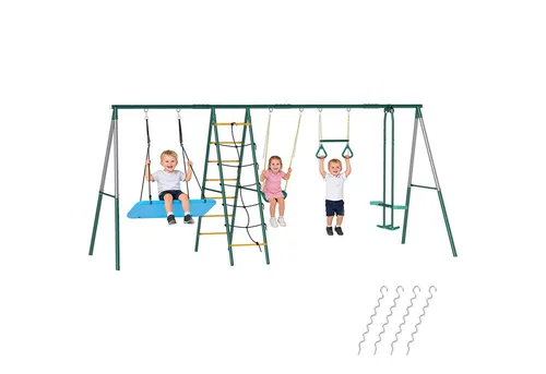 MC Star 5-in-1 Schaukelgestell mit Nestschaukel und Turnringen - Verwandeln Sie Ihren Garten in ein Spielparadies! Das 5-in-1 Schaukelgestell bietet Platz für bis zu sieben Kinder und unterstützt aktives Spielen mit vielseitigen Accessoires. Robuste Konstruktion für sicheren Spielspaß.