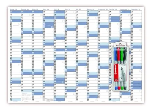 XL Wandkalender DIN A1 2026 blau, nass abwischbar inkl. Stifteset Kalender Format 59,4 x 84,1cm Jahresplaner Wandplaner gerollt