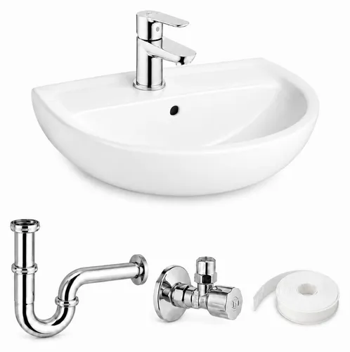 BADfabrik24 Waschtisch-Set 650 × 500 mm Weiß mit GROHE BauEdge Armatur