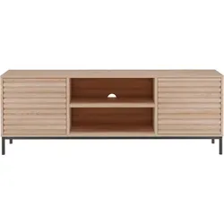 loft24 TV-Bank Cecilie, modernes Lowboard mit 2 Türen - Stylisches TV-Lowboard im Holzlook mit schwarzen Metallfüßen. Bietet offenen Stauraum für Unterhaltungselektronik und überzeugt durch hochwertige Verarbeitung – ideal für dein Wohnzimmer.