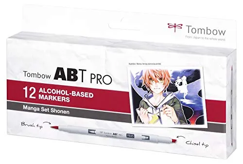 Tombow ABTP-12P-5 Alkoholbasierter Marker ABT PRO Manga Set - Schreibutensilien mit zwei Spitzen für präzises Zeichnen, ideal für Manga, Illustrationen und Modedesign. Flexible Pinselspitze und Keilspitze ermöglichen kreative Vielfalt.
