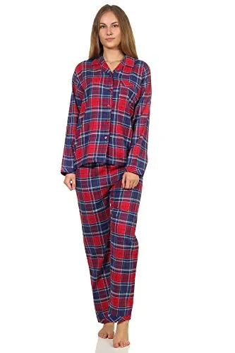 Damen Flanell Pyjama Schlafanzug kariert mit Knopfleiste und Hemdkragen - 202 201 15 600, Farbe:Karo blau, Größe:48/50