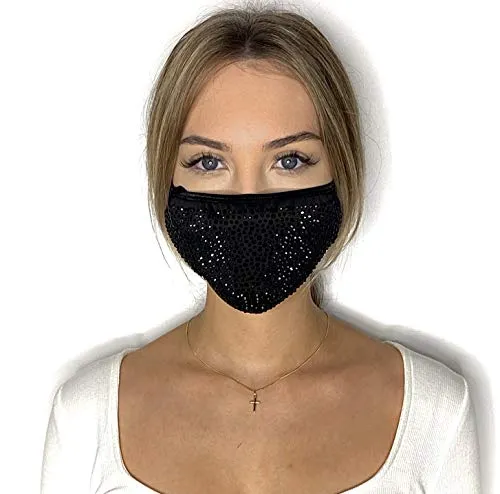 PREMIUM Gesichtsmaske mit Strasssteinen und Pailletten - Maske für Erwachsene, Damen und Herren (Schwarz Strass dunkel)