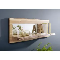 natur Wandregal mit Spiegel aus massivem Akazienholz - Spiegel und Wandregal in einem, gefertigt aus echtem Akazienholz mit einzigartiger Baumkante. Ideal für modernes Wohnen und individuelle Akzente im Wohnzimmer.
