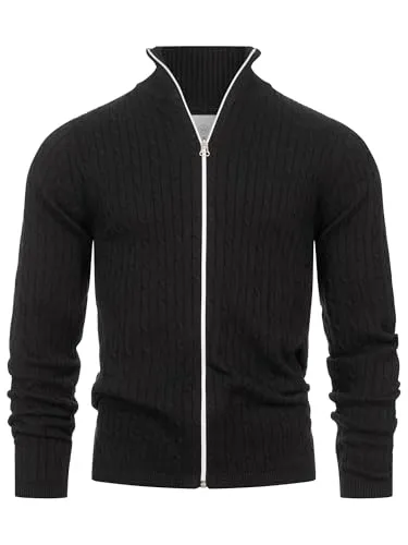 KRONSTADT Herren KSCable Zip Strickjacke mit Stehkragen und Reißverschluss | Fein-Strick Cardigan für Männer Black, XL