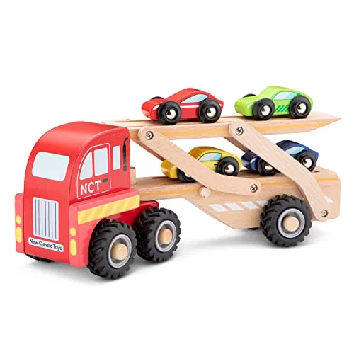 New Classic Toys NCT1960 Autotransporter mit 4 Fahrzeugen - Motorfahrzeugspielset für Kinder, fördert Kreativität und Hand-Augen-Koordination, sicher und langlebig für stundenlangen Spielspaß ab 1,5 Jahren.