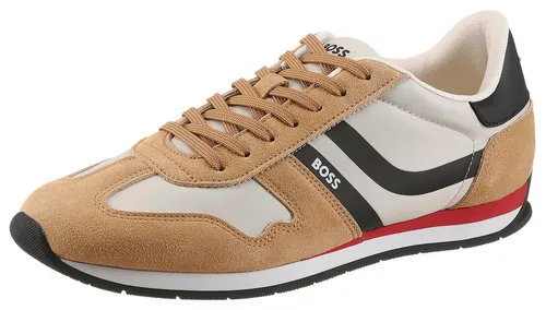 BOSS Levon Turnschuhe für Herren - Braun (44) - Lässige BOSS Turnschuhe mit hochwertigem Wildleder und technischen Materialien. Der moderne Farbblock in Creme, Camel und Schwarz mit roten Akzenten sorgt für einen stylischen Look. Ideal für jeden Casual-Look.