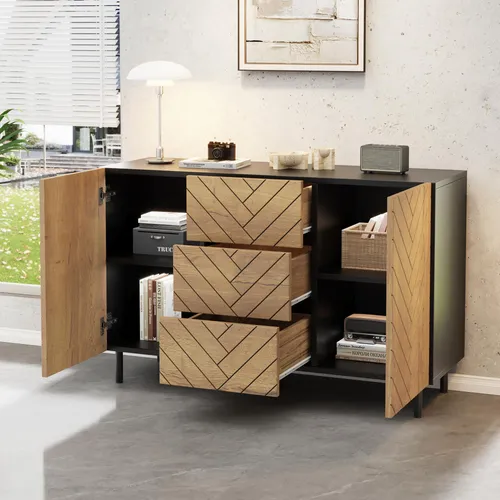 MODFU Sideboard Modernes Lowboard in Schwarz & Natur (180x33,5x45 cm)