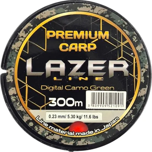LAZER LINE Premium CARP Monofil Angelschnur 300m Dia 0,23mm Test 5,3kg - Camo Grün Schnur - Method Feeder Karpfen Angeln - Grundangeln - Monofilament Angelsehne - Nylonfaden Vorfach – Vorfachschnur