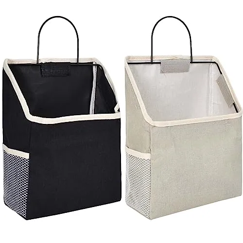 Mikihat 2 Stücke Hängetasche Wand Aufbewahrungstasche Hängend, Wandkorb Stoff mit Metallrahmen, Grau und Schwarz, Leinen Hängekorb mit Haken für Badezimmer Tür Küche Wohnmobile