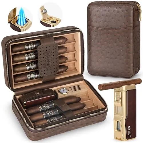 Scotte Cigar Humidor Case and Cigar Lighter Set (Holds 7 Cigars)