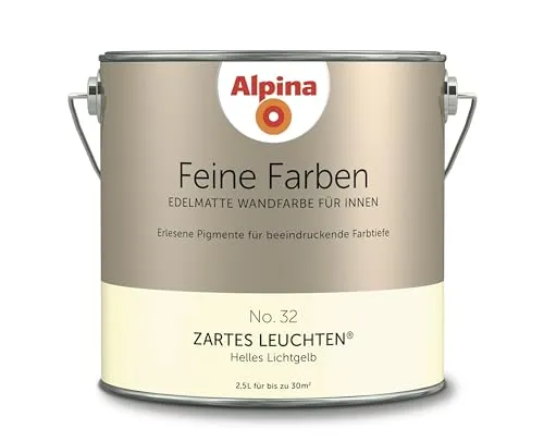 Alpina Feine Farben No. 32 Zartes Leuchten® - Edelmatte Wandfarbe in hellem Lichtgelb, ideal für Innenräume. Erlesene Pigmente sorgen für beeindruckende Farbtiefe und eine strapazierfähige Oberfläche. Frei von Löse- und Konservierungsmitteln, deckt ca. 20-30m².