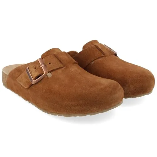 HAFLINGER Porto Eleganter Clog aus Leder mit Gummisohle und Kork Latex Fußbett Hausschuh Unisex Cognac (1801), Gr. 44