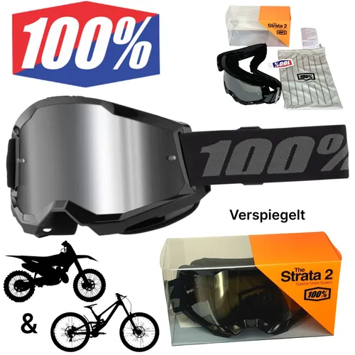 100% Strata V2 Motocross Brille - Voll Cross, Schwarz (Verspiegelt) - Unisex Erwachsene Motorradbrille mit auswechselbaren, entspiegelten Gläsern. Ideal für den professionellen Einsatz im Offroad-Bereich mit modernem Design und hoher Funktionalität.