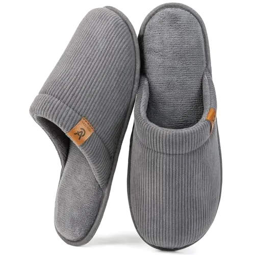 VeraCosy Herren Kord Scuff Hausschuhe Weich Bequem Memory-Schaum Rutschfest Innen Pantoffeln Stahlgrau, 42/43 EU