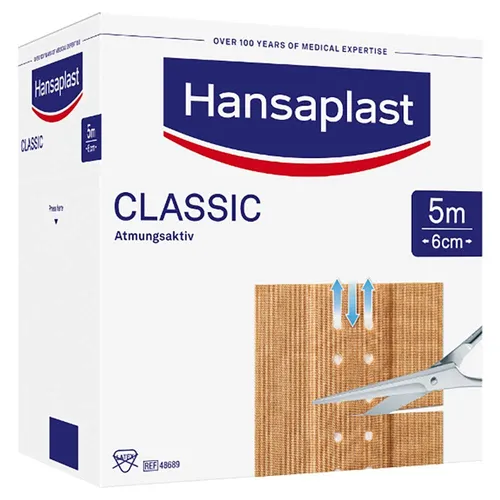 Hansaplast Classic Wundpflaster 6 cm x 5 m - Zuverlässiger Wundschutz - Bewährter Wundschutz mit starker Klebkraft, atmungsaktiv und hautfreundlich. Ideal für kleine Verletzungen, individuell zuschneidbar und latexfrei für empfindliche Haut.