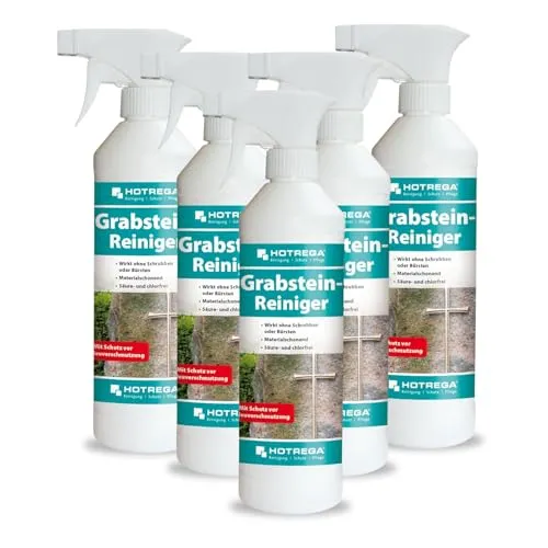 HOTREGA® Grabstein Reiniger 500ml – Effektiver Grünbelagentferner - Spezialreiniger für Stein- und Metalloberflächen. Entfernt mühelos hartnäckige Verschmutzungen ohne Schrubben. Schützt bis zu einem Jahr vor Neuverschmutzung. Ideal für Grabsteine, Terrassen und mehr.