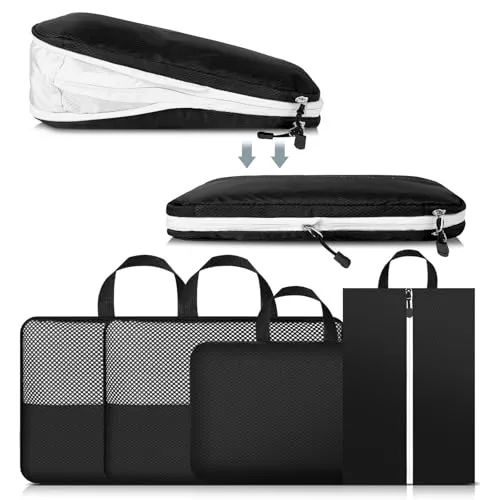 Cozary Kompressions-Packwürfel mit Schuhbeutel 4er-Set, Doppelseitig Kofferorganizer Handgepäck Packing Cubes für Reisen, Camping