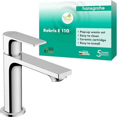 hansgrohe Rebris E Einhebel-Waschtischarmatur 110 - Waschtischarmaturen mit Zugstangen-Ablaufgarnitur, luftangereicherte Wasserführung für optimalen Komfort und energieeffiziente Nutzung.