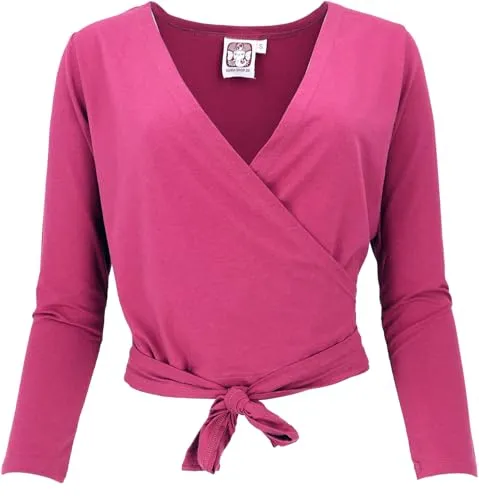 GURU SHOP Yoga Langarmshirt, Bio Baumwolle Wickelshirt, Tanzshirt - Carminrot, Damen, Size:XL