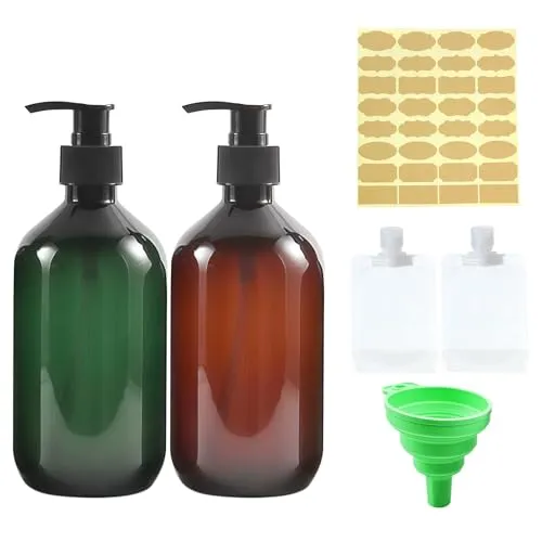 2er Set Seifenspender und Pumpflasche 500ml, Wiederverwendbare Spenderflaschen für Flüssigseife, Shampoo, Duschgel, Spülmittel. Inklusive Trichter, 2 Reisetaschen und Etikettenpapier(Braun & Grün​)