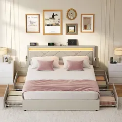 VASAGLE Polsterbett mit LED und Ladeanschlüssen, 140 x 200 cm - Das VASAGLE Polsterbett vereint Komfort und Funktionalität: Mit verstellbarem Kopfteil, integrierter LED-Beleuchtung und praktischen Ladeanschlüssen. 4 Schubladen bieten zusätzlichen Stauraum und machen Ihr Schlafzimmer zum Highlight.