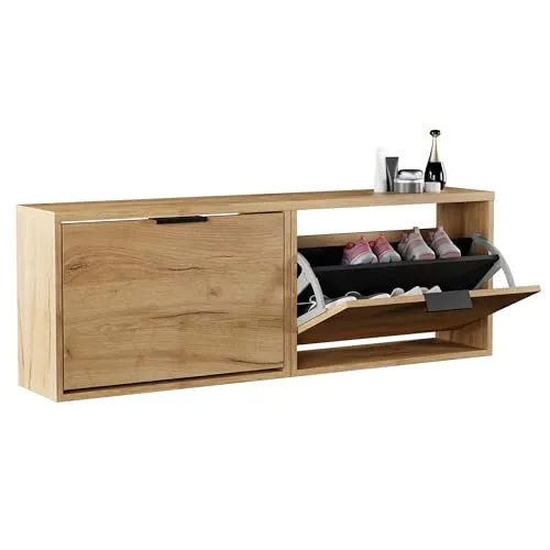 Planetmöbel 2 x Schuhschrank schmal mit 1 Klappe platzsparender Schuhregal mit 2 Ablagen, Schuhkommode für Diele, Flur, Garderobe 60 x 23 x 42,5 cm, Gold Eiche