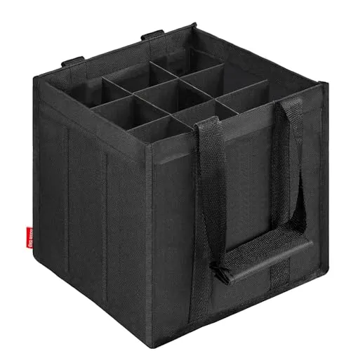 Enbagold Flaschentasche 9 Fächer je 1,5 Liter, Faltbar Flaschenträger, Nylon Männerhandtasche mit Trennwänden, Flaschen Einkaufstasche für Wasserflaschen, Weinflasche, Bier und Sekt - Schwarz