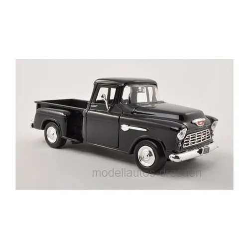 Chevrolet Stepside Pick Up 1955 Modellauto 1:24 von Motormax - Detailreiches Standmodell des klassischen Pickup Trucks in Schwarz, mit funktionierenden Hauben und Türen. Ideal für Sammler und Liebhaber von Vintage-Autos.
