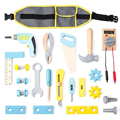 UMU® Kinder Holz Werkzeug Spielset mit Bohrmaschine, Säge, Schrauben, Hammer u. v. m., Spielzeug Werkzeuggürtel zum Rollenspiel, 25 STK Kinderwerkzeug Set, Holzspielzeug für 3, 4, 5 Jahre alt