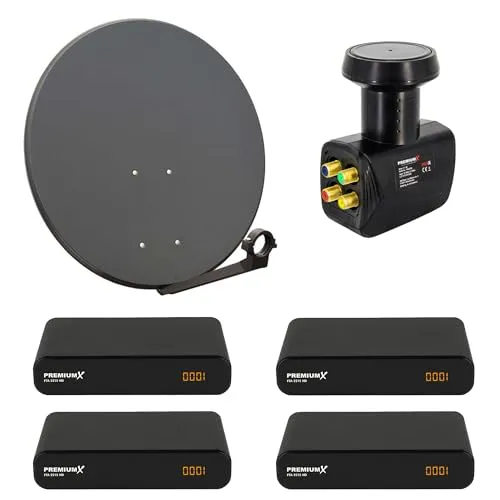 Premium X Satelliten-Komplettanlage 4 Teilnehmer - 80cm Antenne Anthrazit mit wasserdichtem Quad LNB und 4x Full-HD Receivern für besten Empfang bei jedem Wetter