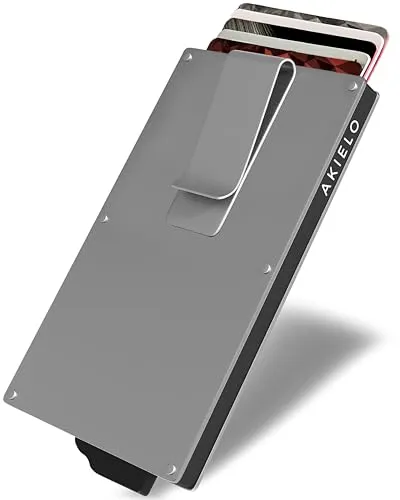 AKIELO Kartenetui mit RFID Schutz, Geldklammer und Geschenkbox – Minimalistische Geldbörse Herren – Kompakte Wallet und Kontaktloser Kreditkartenschutz (Alpha - Silberne Ausgabe mit Geldklammer)