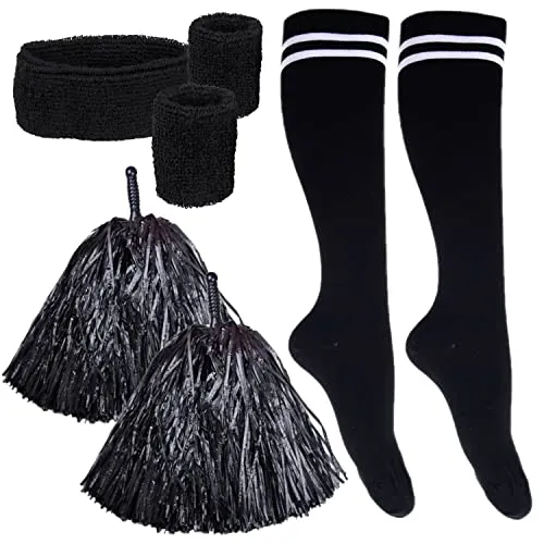 Goldschmidt Kostüme Cheerleader Set | Accessoires Pompons Kniestrümpfe Schweißbänder | Zubehör-Set Kostüm Damen (schwarz)
