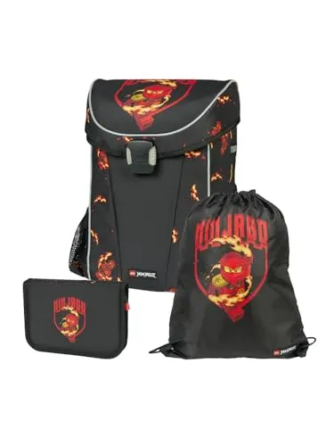 LEGO® Ninjago® Schulranzen-Set – 3-teiliges, ergonomisches, 18 L, Kai | Schulranzen jungen 1.-4.Klasse mit 360°-Reflektoren, Turnbeutel und gefülltem Federmäppchen