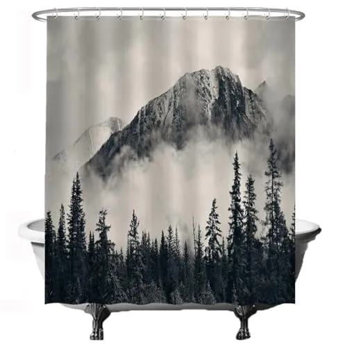 Ulticool Duschvorhang - Berge Natur Nebelwald - 180 x 200 cm – Waschbar – Anti Schimmel - Wasserdicht - mit 12 Ringe - Weiß Grau Schwarz
